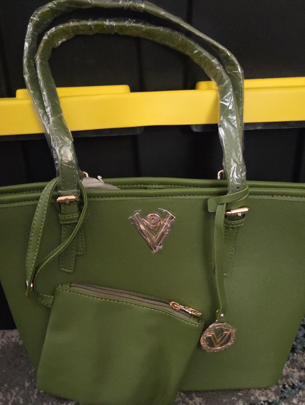 Valentino Orlandi Olive Green Tote with Accent Pouch and Gold V Hardware